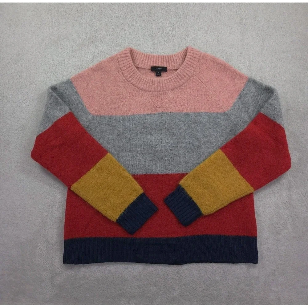 J Crew Sweater Womens Medium Alpaca Crewneck Multicolor Block Striped‎